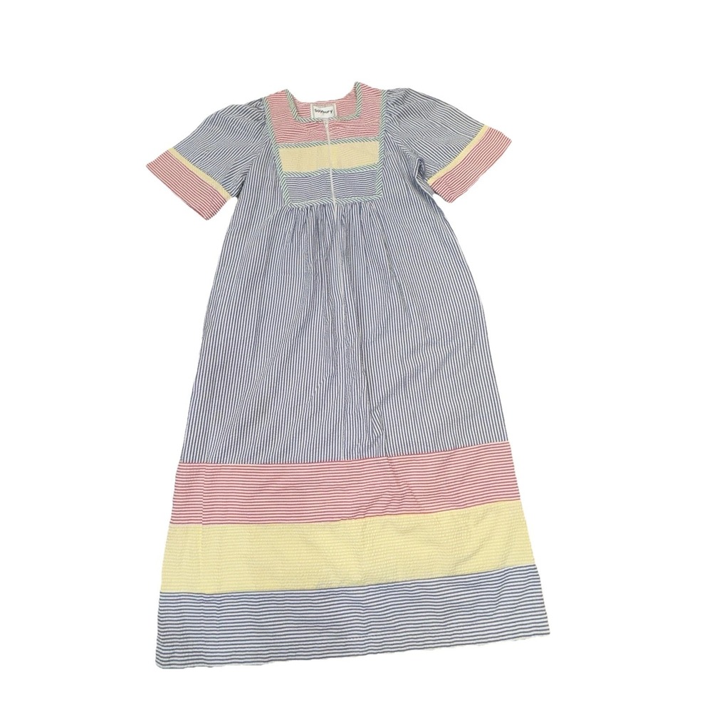 Vintage Saybury Sz L Seersucker Maxi House Dress Grannycore 90s Half Zip Striped